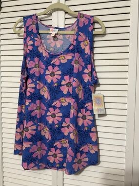 LuLaRoe Blue Floral Tank with Pink Blooms